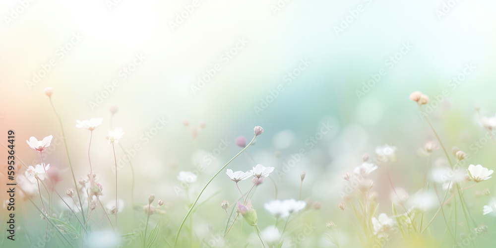 Spring border or background art with white blossom. Beautiful nature scene with blooming flowers and sun flare generative ai