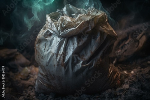 Plastic bag holding dirt tossed in garbage bin. Generative AI