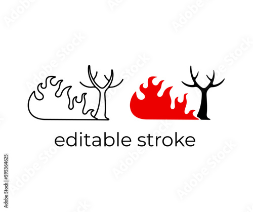 Fire in the forest, environmental protection, editable stroke, silhouette and linear design. Bonfire or flame and burnt tree, nature and plant, vector design and illustration