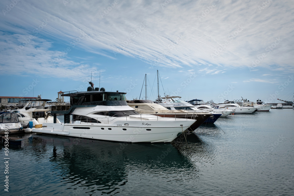 Russia, Sochi -April 13, 2023, seaport, Ships and yachts at the pier