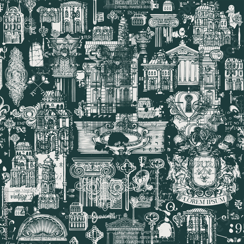 Abstract grunge Seamless pattern on ancient architecture and art. Hand-drawn vector background with vintage buildings, architectural elements, coat of arms and old keys. Wallpaper, fabric