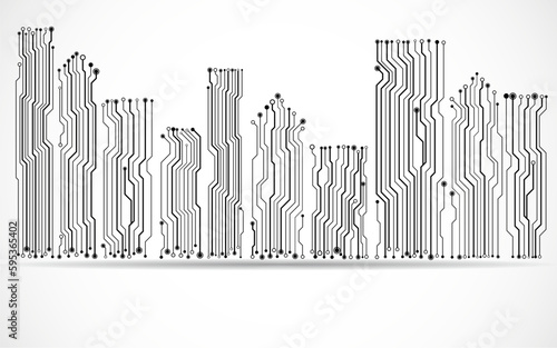 Vector silhouette city buildings with circuit board