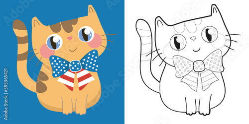 4th of July coloring page for kindergarten and preschool children. kawaii and cute stripes orange kitten wearing bow tie of American flag design for fourth of July. Vector file.