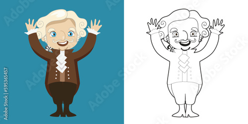 4th of July coloring page for kindergarten and preschool children. Coloring the first president of USA George Washington. America Independence Day colouring sheet. Vector file.