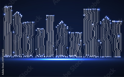 Vector silhouette city buildings with circuit board