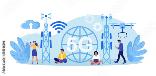 5G Network Wireless Technology. High-speed Mobile Internet. People Using New Generation Networks for Communication by Gadgets. Characters Near Big 5G Sign. Wireless Mobile Telecommunication Service