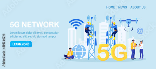 5G Network Wireless Technology. People Using New Generation Networks for Communication by Gadgets. Workers on Transmitter Tower Set Up High-speed Mobile Internet. Wireless Telecommunication Service