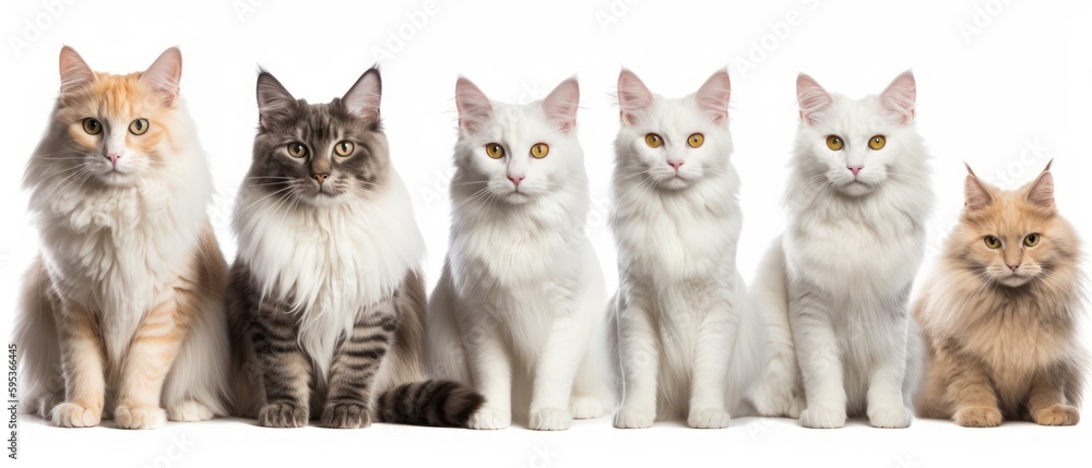 Portrait of a group of beautiful cats close-up on an isolated background. Generative AI