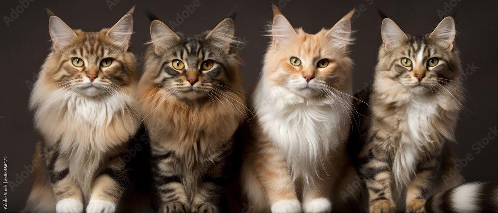Portrait of a group of beautiful cats close-up on an isolated background. Generative AI