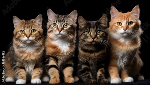 Portrait of a group of beautiful cats close-up on an isolated background. Generative AI