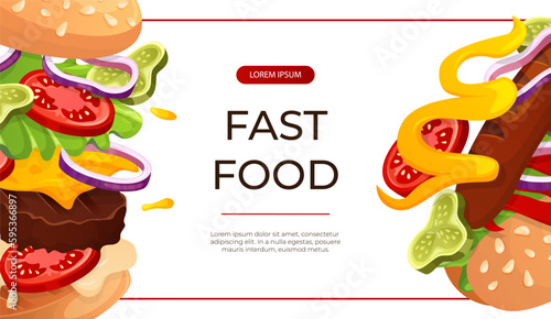 Promo banner with fast food flying hot dog and burger. Street takeaway cafe, cooking, junk food. King size, classic american traditional cartoon snacks meals. Vector for cover, poster, flyer, menu