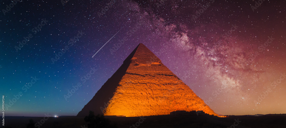 The Keops pyramid from Giza at fantastic purple night with the Milky Way in the sky - obrazy, fototapety, plakaty 