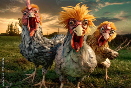 Drei aggressive Hühner, KI Fototapeta