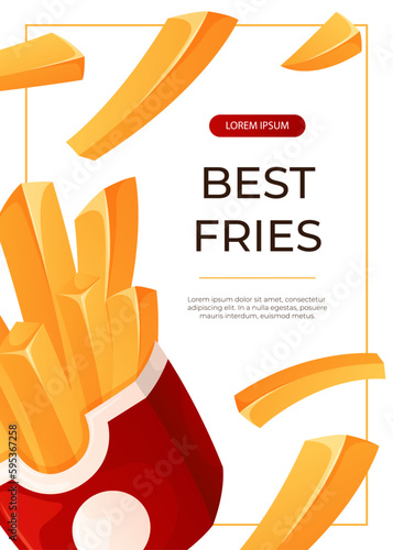 Promo flyer with fast food flying french fried potato. Street takeaway cafe, cooking, junk food. King size, classic american traditional cartoon snacks meals. Vector A4 for banner, poster, menu