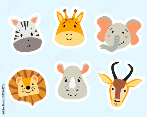 Stickers with African animals. Beautiful stickers with the faces of wild animals. Zebra, elephant, lion, giraffe, antelope and rhinoceros in flat cartoon style. Isolated background.