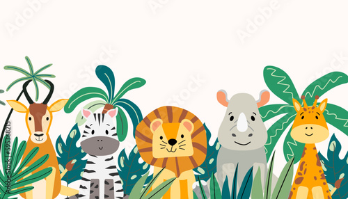 Cute wild animals in tropical leaves. African animals in the jungle. Zebra, lion, giraffe, antelope and rhinoceros in a flat cartoon style. Vector horizontal banner. 