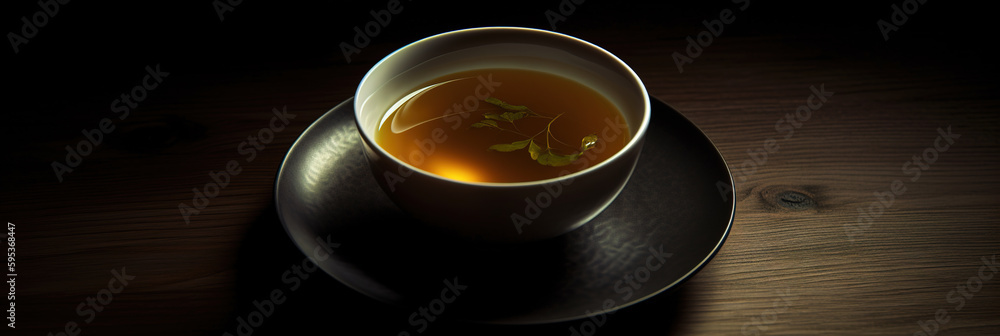 Cup of  Tea, Steam Rises from Hot Aromatic Black tea mug, Rustic Wooden Table on Dark Background