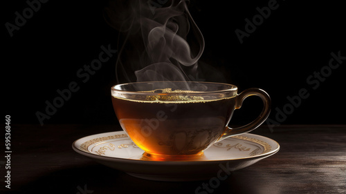 Cup of Tea, Steam Rises from Hot Aromatic Black tea glass mug, Rustic Wooden Table on Dark Background