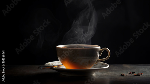 Cup of Tea, Steam Rises from Hot Aromatic Black tea mug, Wooden Table on Dark Background