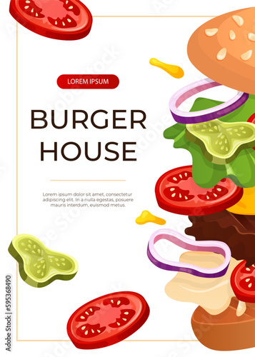 Promo flyer with fast food flying burger and vegetables. Street takeaway cafe, cooking, junk food. King size, classic american traditional cartoon snacks meals. Vector A4 for banner, poster, menu
