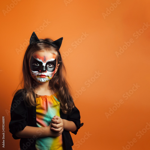 Little girl with halloween facial painting on orange background with copy space