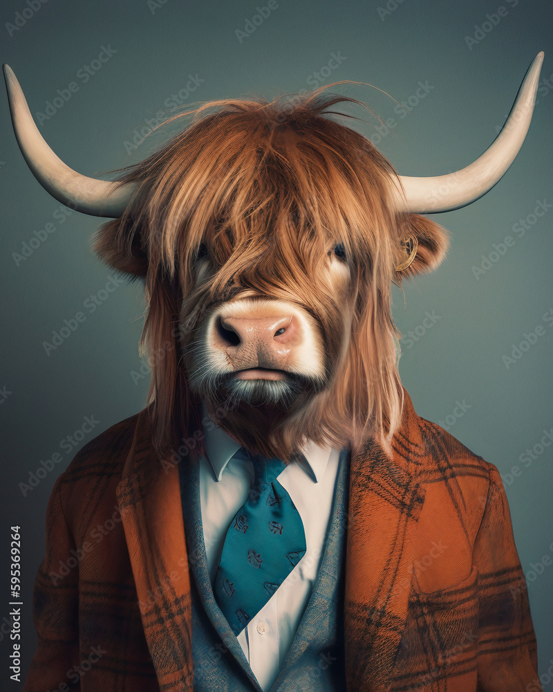 Highland cattle cow in clothes, in suit, fashion and stylish retro ...