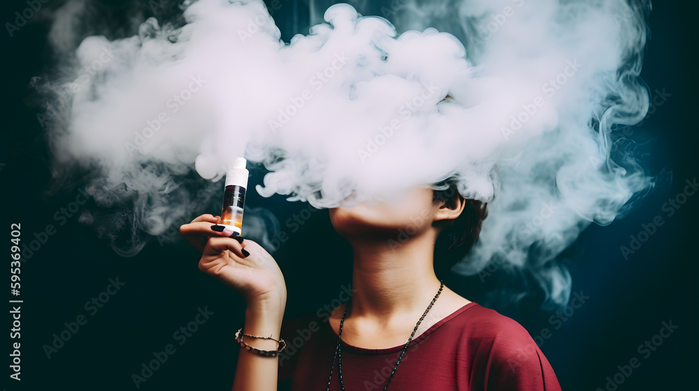Cloudy smoke covering face of woman. Concept of heavy smoking or vaping.