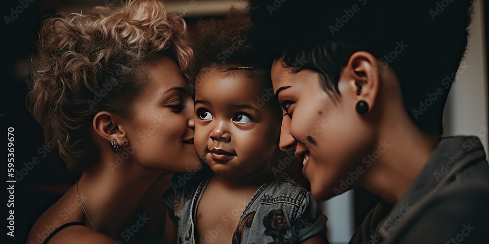 Close up of unconventional happy family groups two moms with children - generative AI Close up of unconventional happy family groups two moms with children - generative AI