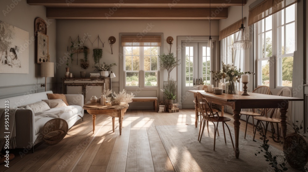 Fototapeta premium Farmhouse interior design room with beautiful lightning generative ai