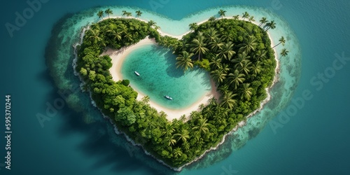 Tropical Island in the Shape of a Love Heart. Aerial View, Travel Concept. Generative AI © Kishore Newton