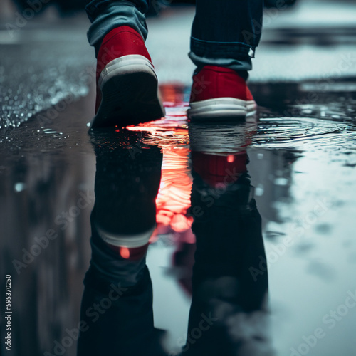 boy walking on water from the back, with red sneakers, Generative AI