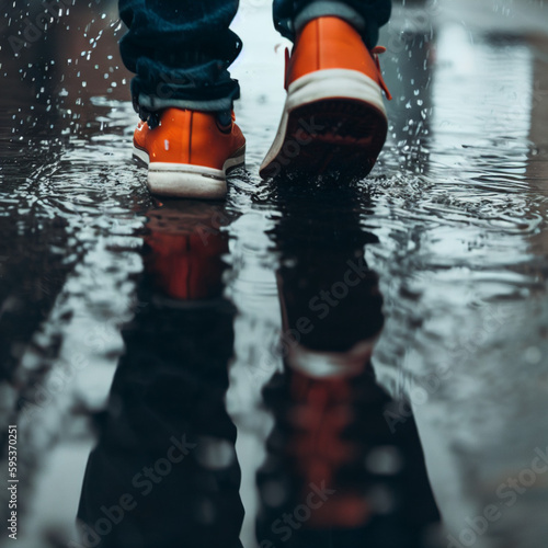 boy walking on water from behind, with orange slippers, Generative AI