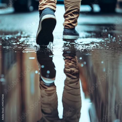boy walking in the street, on water from behind, with light blue sneakers, Generative AI