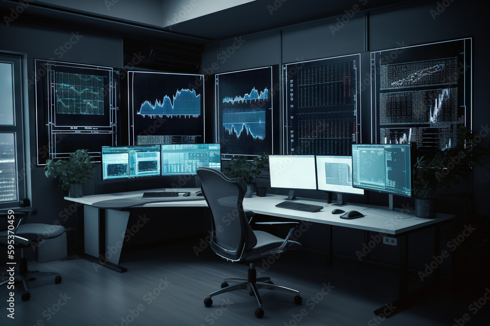 Office with trading setup, financial charts, forex trading, crypto trading, stocks trading, trading charts, monitors with charts, financial markets, charts analysis, finance statistics. Generative AI Office with trading setup, financial charts, forex trading, crypto trading, stocks trading, trading charts, monitors with charts, financial markets, charts analysis, finance statistics. Generative AI