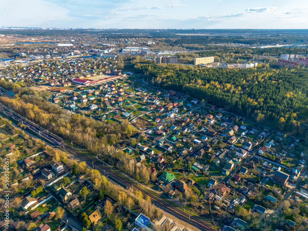 Aerial view on Railway station of Krasnogorskaya, Horse  complex,   military Hospital Vishnevskogo and Globus store