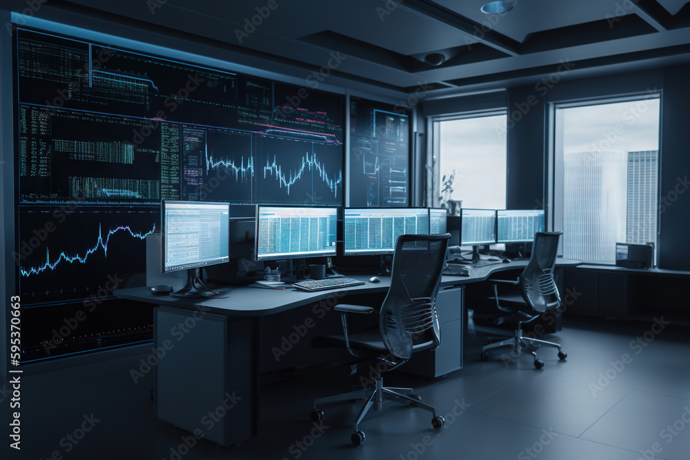 Office with trading setup, financial charts, forex trading, crypto trading, stocks trading, trading charts, monitors with charts, financial markets, charts analysis, finance statistics. Generative AI Office with trading setup, financial charts, forex trading, crypto trading, stocks trading, trading charts, monitors with charts, financial markets, charts analysis, finance statistics. Generative AI