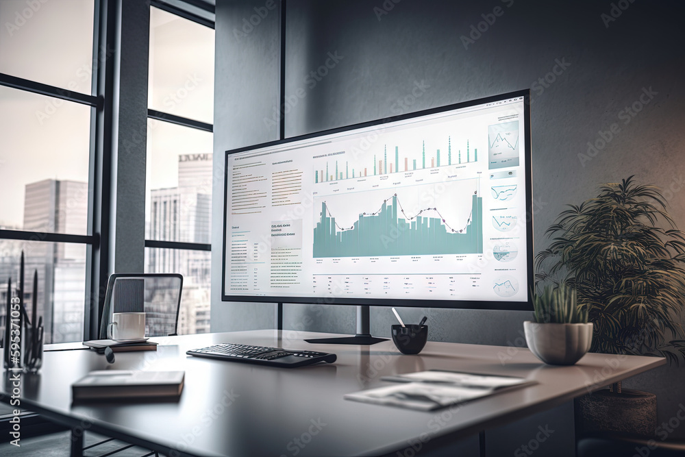 Office with trading setup, financial charts, forex trading, crypto trading, stocks trading, trading charts, monitors with charts, financial markets, charts analysis, finance statistics. Generative AI Office with trading setup, financial charts, forex trading, crypto trading, stocks trading, trading charts, monitors with charts, financial markets, charts analysis, finance statistics. Generative AI