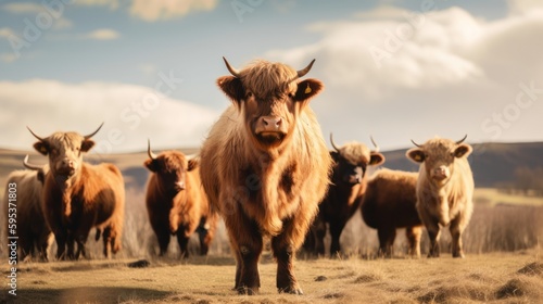 Highland cattles or fluffy cows in sunny plains field generative ai © Hixel