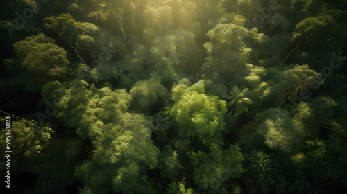 A stunning aerial view of a lush green forest, with sunlight streaming through the canopy, creating a magical atmosphere.