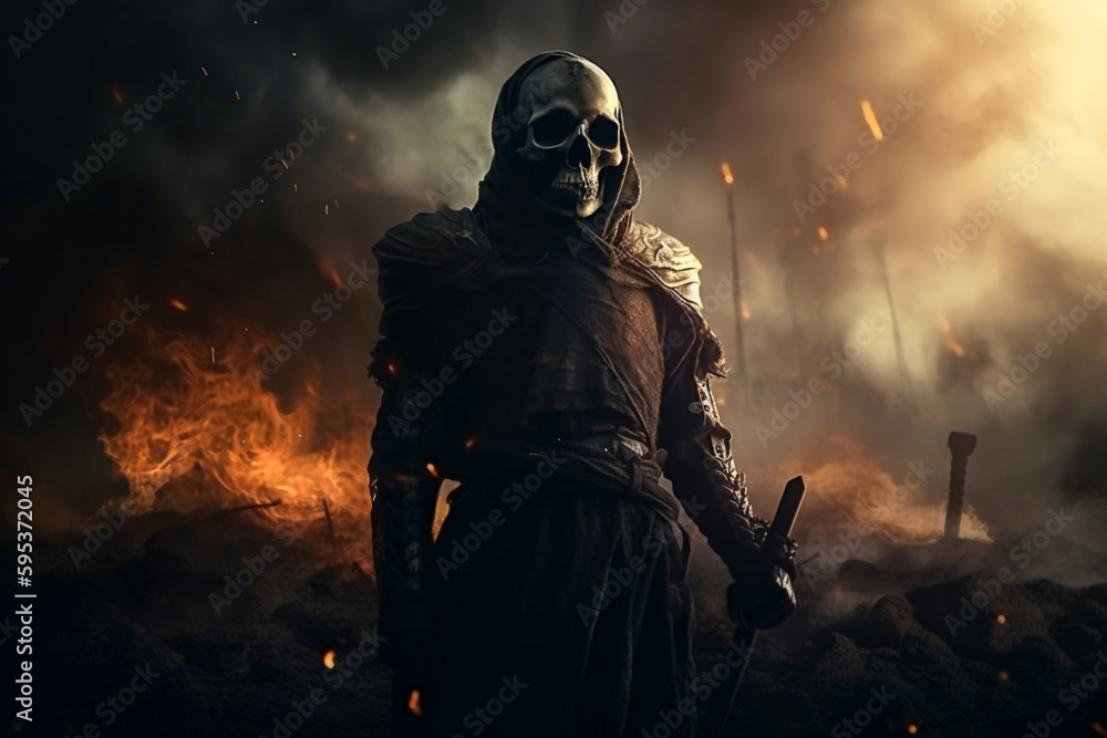 battlefield with a skeleton knight in the foreground battlefield with a skeleton knight in the foreground