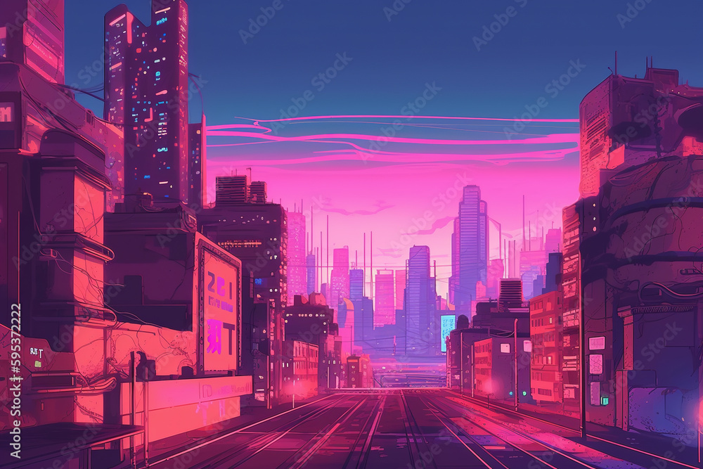 View of the night modern city, anime style.