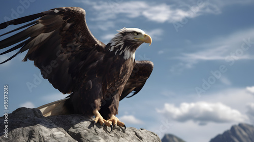 A close-up shot of a majestic eagle perched atop a rocky mountain, with its wings spread wide open against a stunning blue sky. Ideal for wildlife and adventure-themed projects.