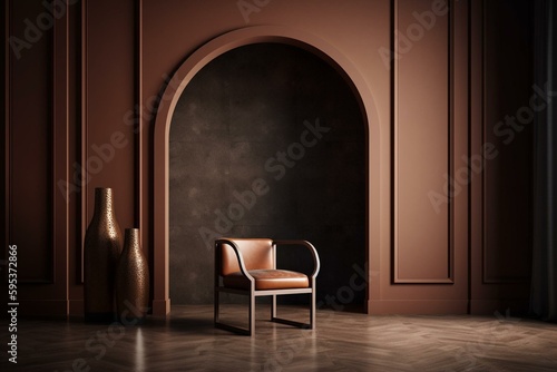 Contemporary arched indoor setup with chair and ornament. Digital rendering mockup. Generative AI