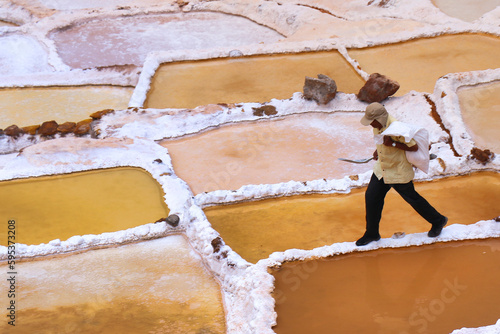 Workers in salt terraces in Peru - Salinas de Maras Peru - Salineras de Maras - Salt terrace in Peru- Salt Landscape 