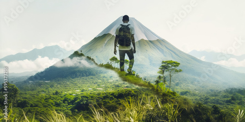 Rear view of a young hiker in the background of a mountain landscape, Mount Fuji. double exposure. The concept of freedom and leadership. 