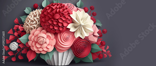 Paper flowers. Bouquet of flowers. Red and green. Banner. Generative AI