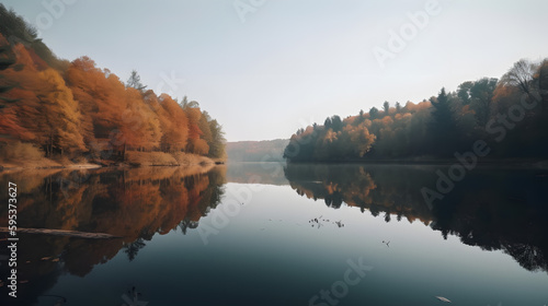 A serene landscape of a calm lake, surrounded by tall trees with colorful autumn foliage, reflecting in the water. Perfect for travel and tourism campaigns.