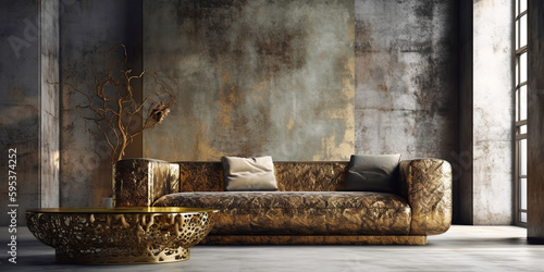 Luxury sofa against grunge concrete wall. Interior design of modern living room. Created with generative AI