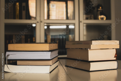 A close-up of two stacks of books against a blurred interior background © Yurii Zymovin