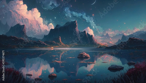 a beautiful anime landscape illustration with a lake and mountains, generative ai technology